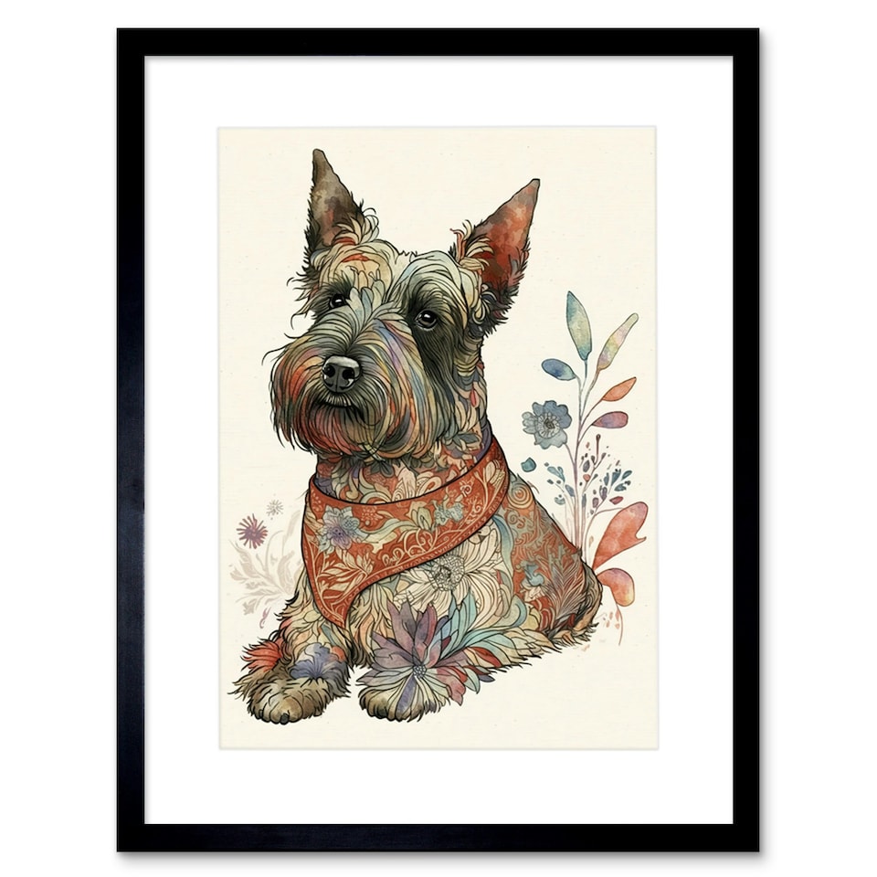 image 1 of Scottish Terrier Dog Flower Pattern Fur Coat 9x7" Black Framed Wall Art Print