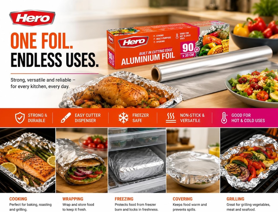 image 1 of Hero Strong Kitchen Foil Roll 90m x 300mm – Premium Aluminium Foil with Easy Cutter Dispenser | Non-Stick Foil for Cooking, Baking, BBQ & Food Wrapping