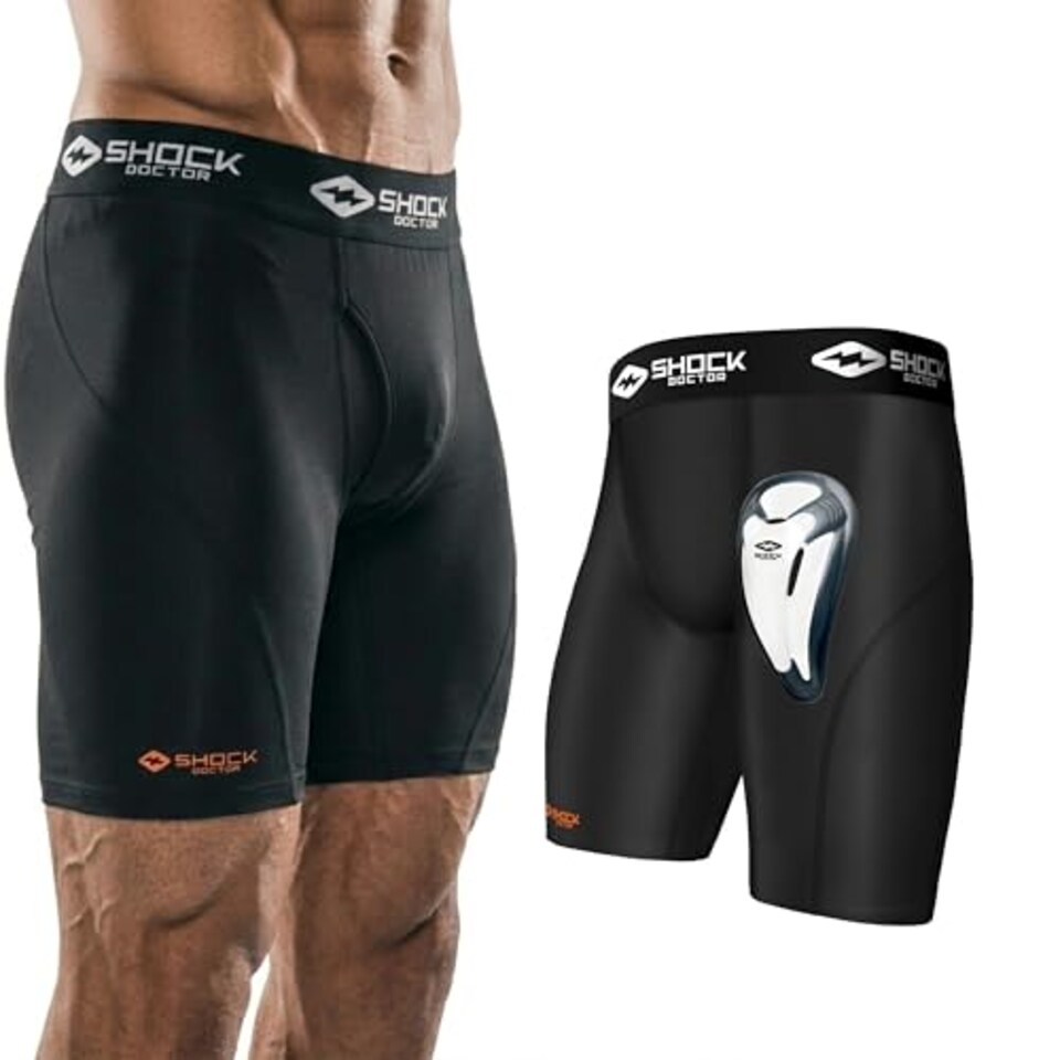 image 1 of Shock Doctor 221 Short Compression With Bioflex Cup - Athletic Support With Comfort And Compression For Maximum Range Of Motion - Adult (One Pair Shorts & Athletic Cup) Black