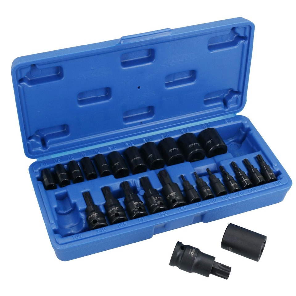 image 1 of 25pc Male + Female Impacted Impact Torx Star E Sockets T8 - T60 + E4 - E22