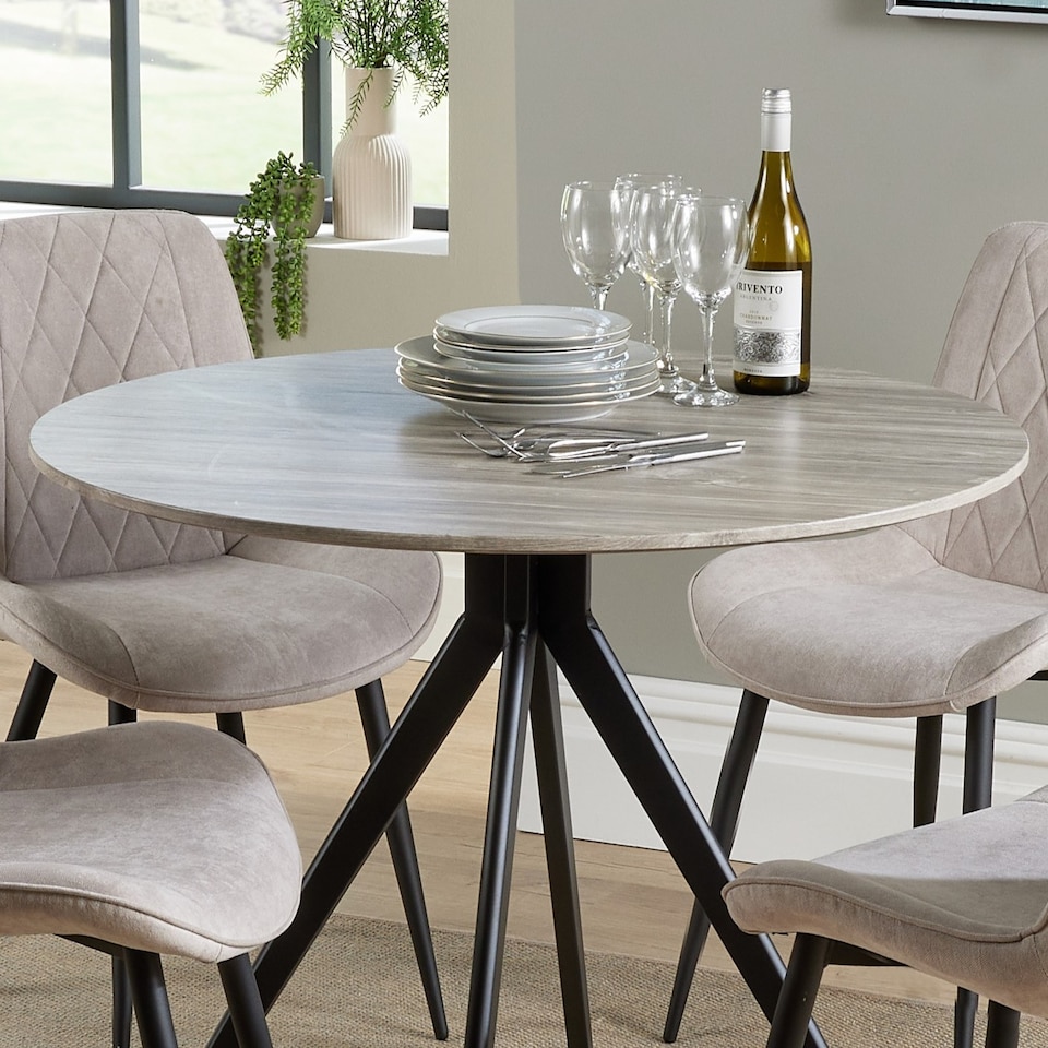 image 1 of Aspen Compact Round Dining Table - Durable Wood-Effect or Sintered Stone Top with Black Metal Pedestal Legs | Grey | Grey | Small | 1