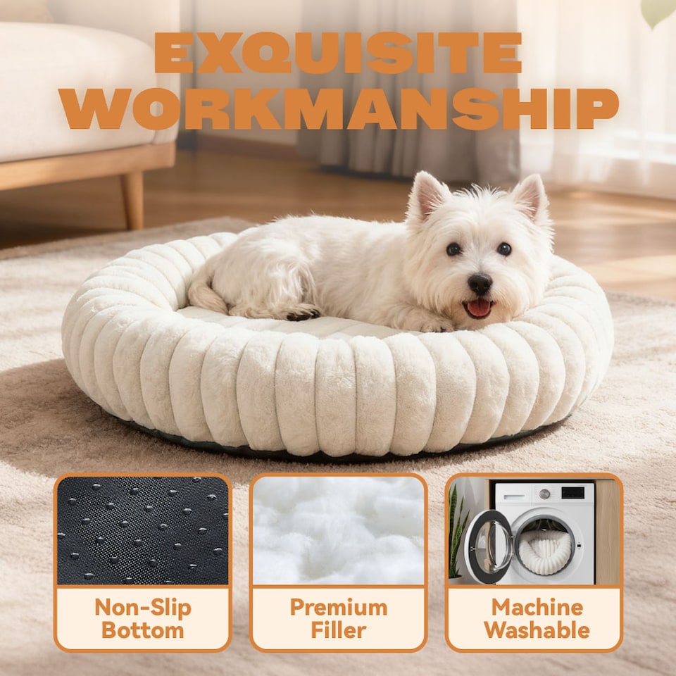 image 1 of Living and Home 6 Colour Soft Donut Pet Bed for Cats & Dogs,Warm & Cosy Retreat | White | White | XL | 1