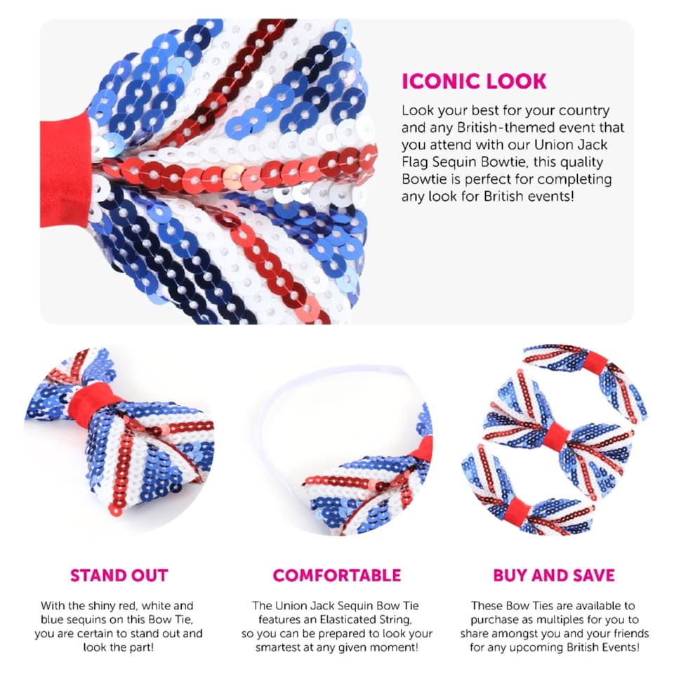 image 1 of Pack of 6 Union Jack Sequin Bowtie Red | One Size