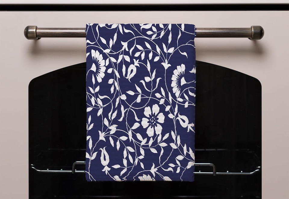 image 1 of White Flowers on Navy (Kitchen Towel)
