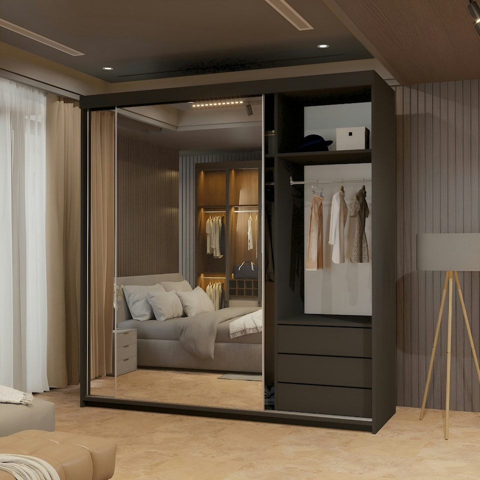 image 1 of Modern Full Mirror 200cm Sliding Door Wardrobe Available in White or Black | Bedroom Storage with Drawers & Hanging Rails Black | 200cm