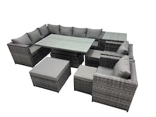 Fimous 11-seater Height Adjustable Rising Lifting Table Corner Sofa Set Rattan Garden Furniture Dining Set with 3 Stool Side Table Dark Grey Mixed