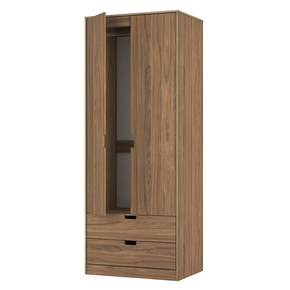 image 1 of Taiwan Tall 2 Drawer Double Wardrobe in Carini Walnut (Ready Assembled) | Brown | Carini Walnut