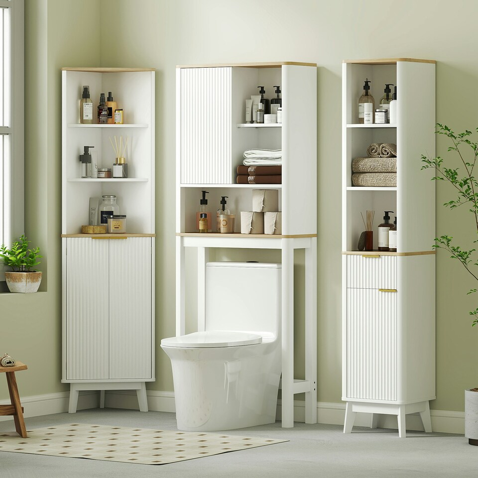 image 1 of HOMCOM Slim Bathroom Cabinet, Bathroom Storage Cabinet with Doors, White | White