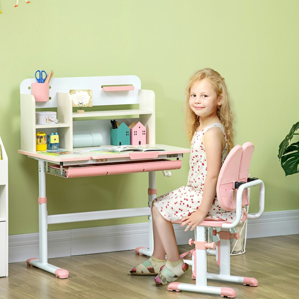 image 1 of HOMCOM Kids Desk and Chair Set with Storage Shelves, Washable Cover - Pink 