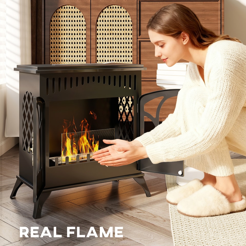 image 1 of HOMCOM Bio Ethanol Fireplace Stove, Freestanding Bioethanol Fire, Indoor Ventless Ethanol Burner with 0.9 Litres Volume, Door, Extinguisher, Steel, Tempered Glass Panel, Burns 3 Hours, 22 Inch, Black