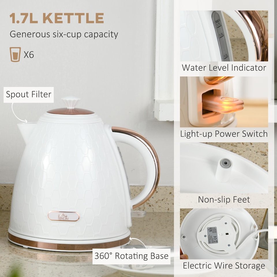 image 1 of HOMCOM Kettle and Toaster Set, 1.7L 3000W Fast Boil Jug Kettle with Auto Shut Off, 4 Slice Toaster with 7 Level Browning Controls & Crumb Tray, UK Otter Thermostat, Cream