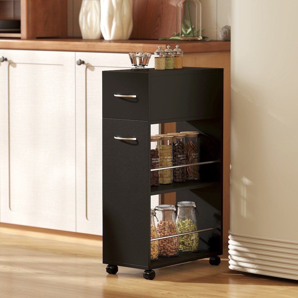 image 1 of HOMCOM Rolling Storage Unit with Drawer Surface Top and 4 Wheels, Black