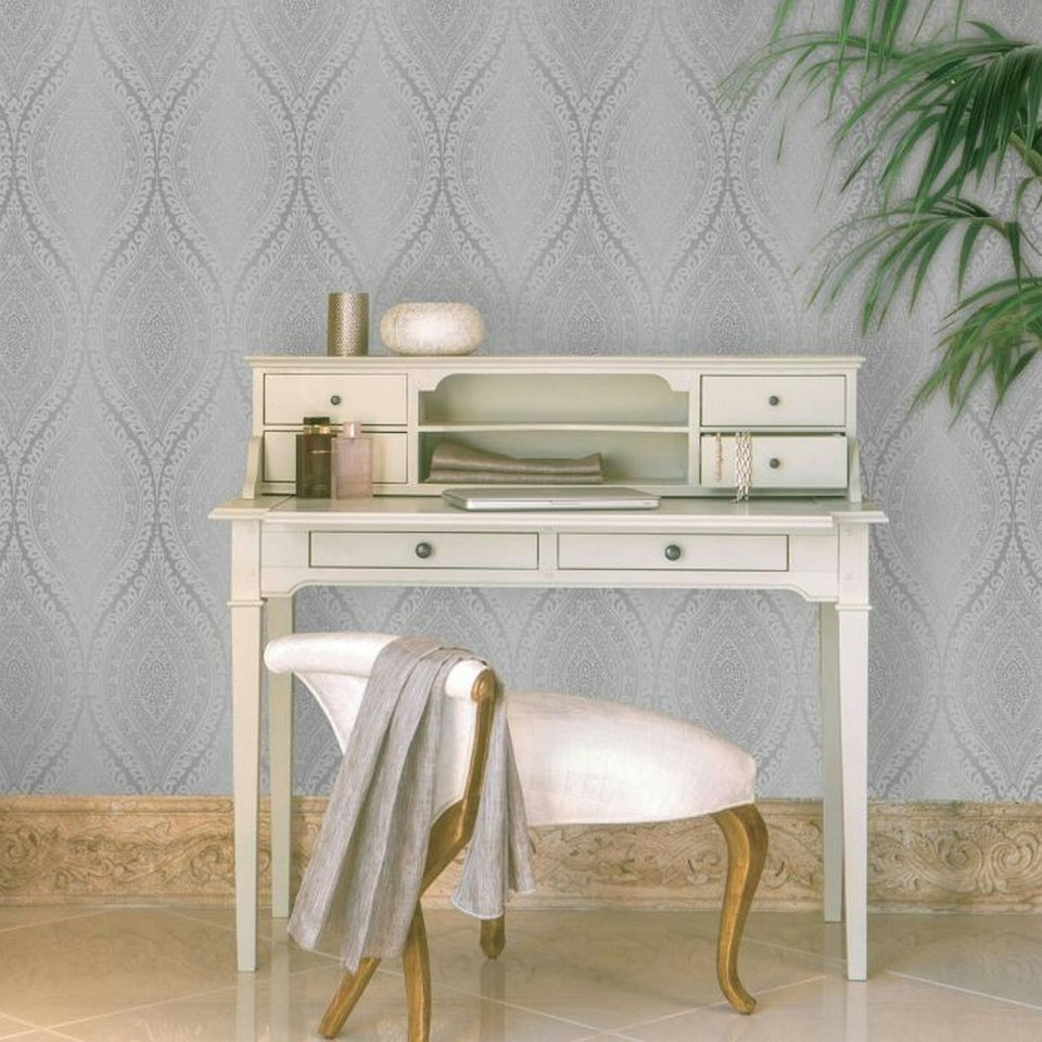 image 1 of GrandDeco Kismet Glitter Damask Textured Wallpaper - Silver - One Size Silver