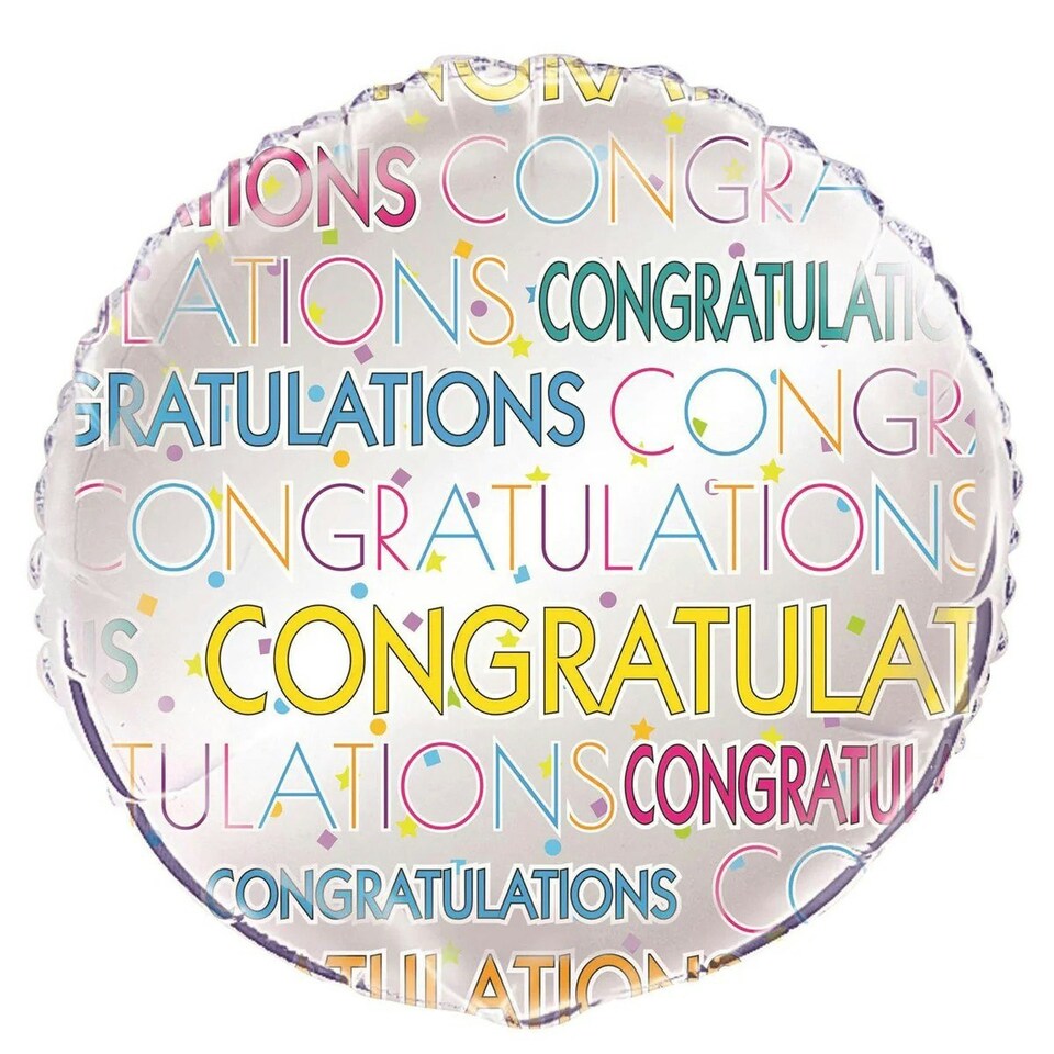 Unique Party Bright Starburst Round Congratulations Foil Balloon - Grey/Multicoloured - One Size