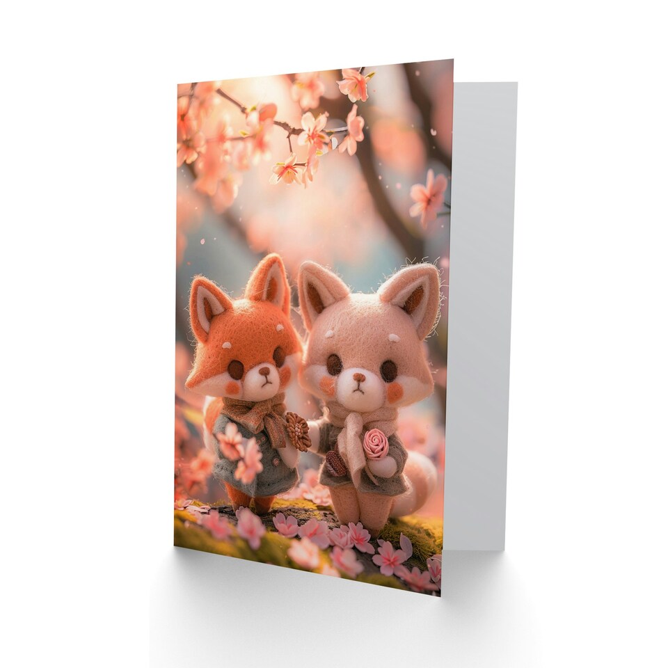 image 1 of Cute Felt Foxes Couple Cry Blossom Flower Picking Her Birthday Card