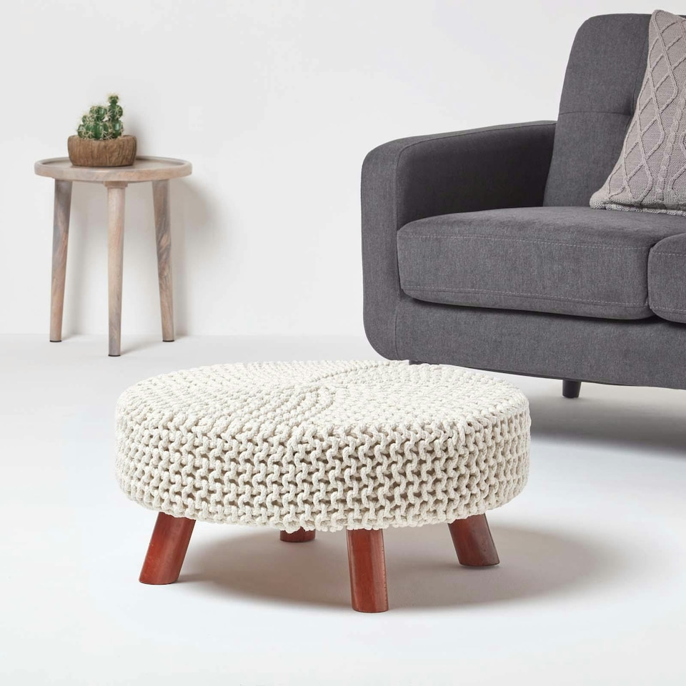 image 1 of Homescapes Natural Large Round Cotton Knitted Footstool on Legs | Cream | 62 x 62 x 30 cm