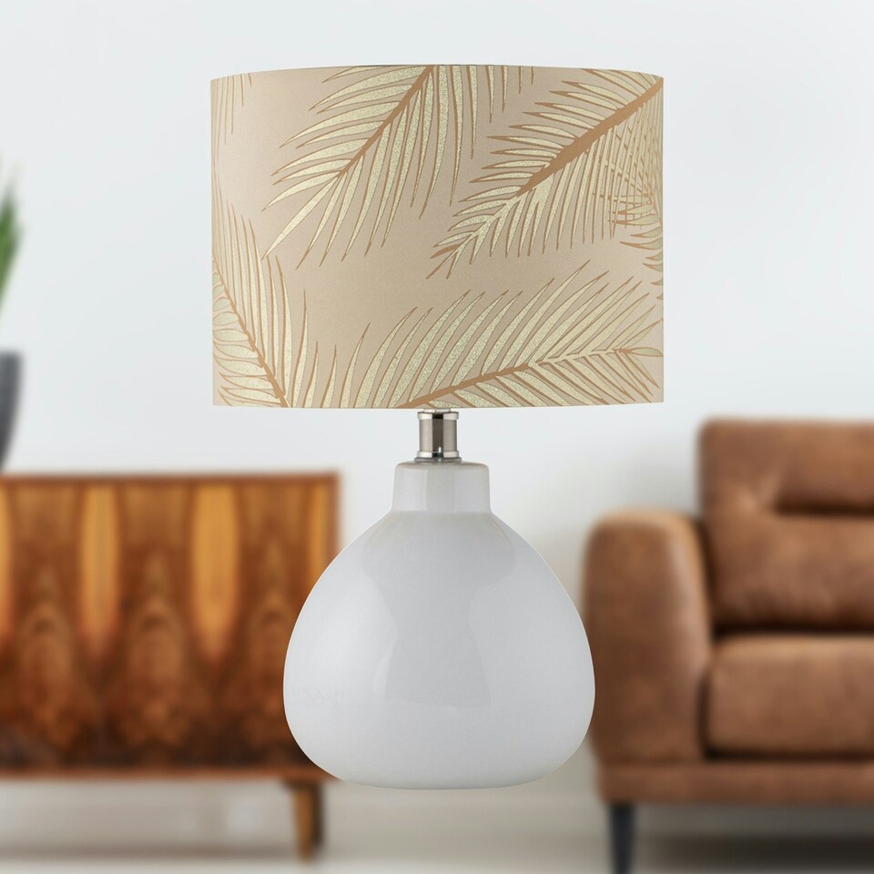 image 1 of First Choice Lighting Set of 2 Tuscan White Ceramic Lamps with Tropical Champagne Shade White | Gold