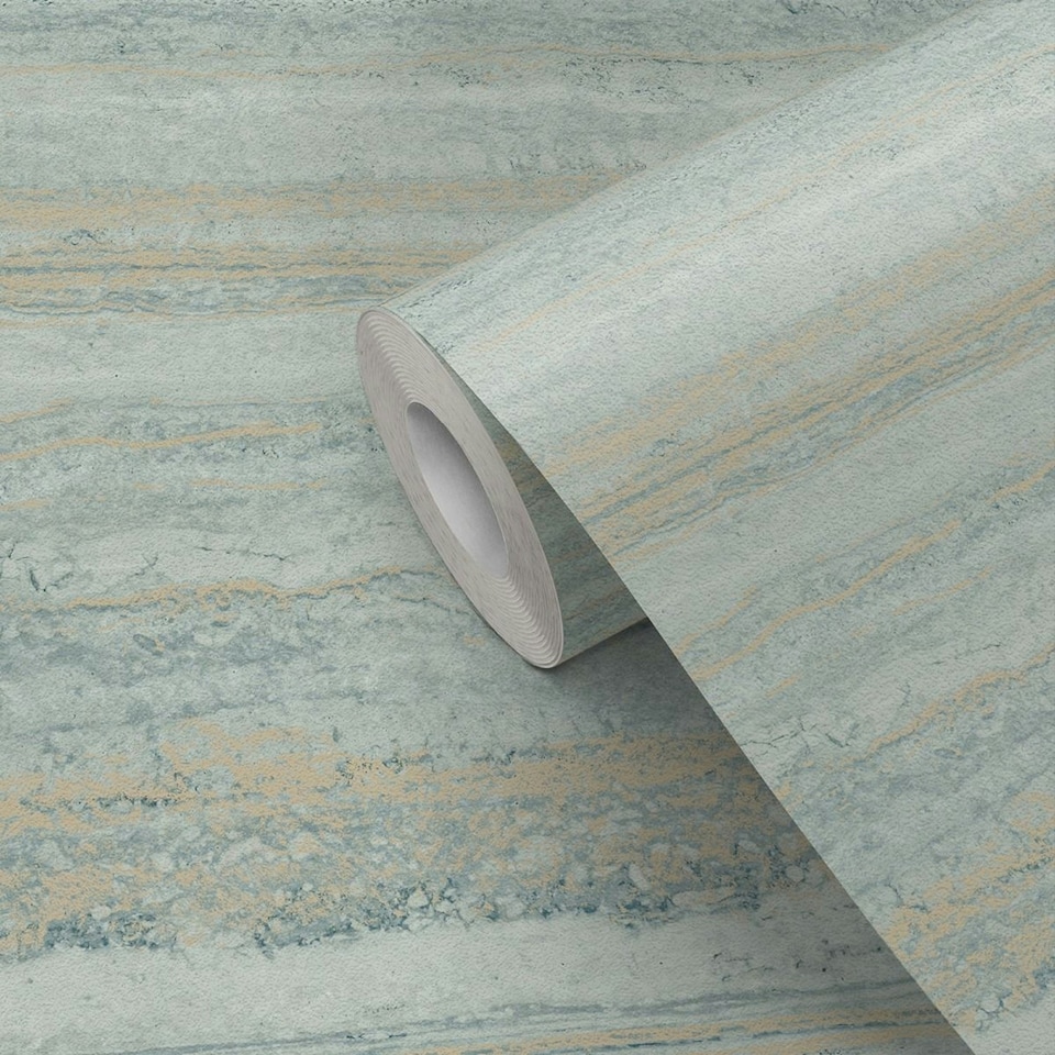 image 1 of World of Wallpaper Strata Marble Effect Wallpaper - Sage Green/Gold - 10.5m x 53cm Green