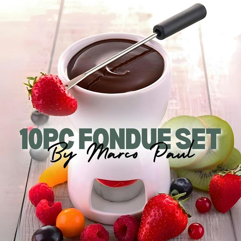 image 1 of Marco Paul 10pc White Ceramic Chocolate Fondue Set with Stainless-Steel Forks and 4 Half Moon Serving Dishes