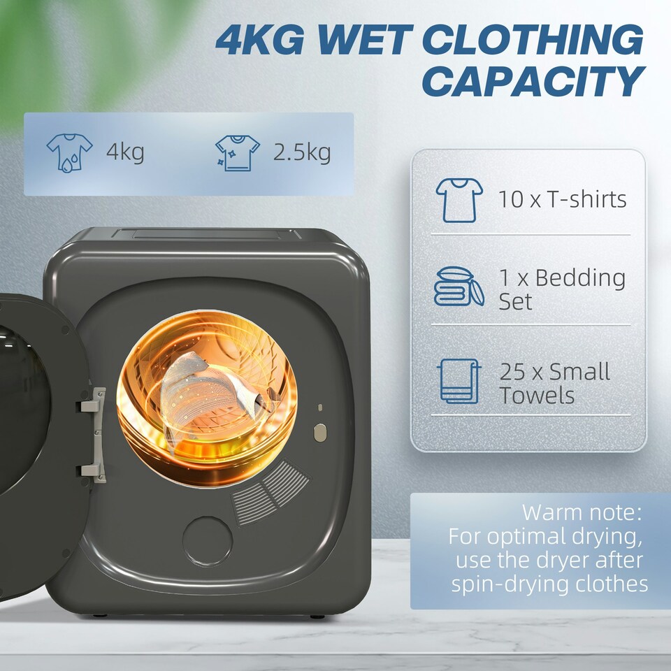 image 1 of HOMCOM 4kg 800W Vented Tumble Dryer with Deodorize, Smart Mode, Grey