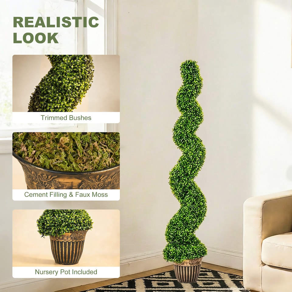 image 1 of HOMCOM Set of 2 Potted Artificial Plants, Topiary Spiral Boxwood Trees | Green | Boxwood Green | 5ft