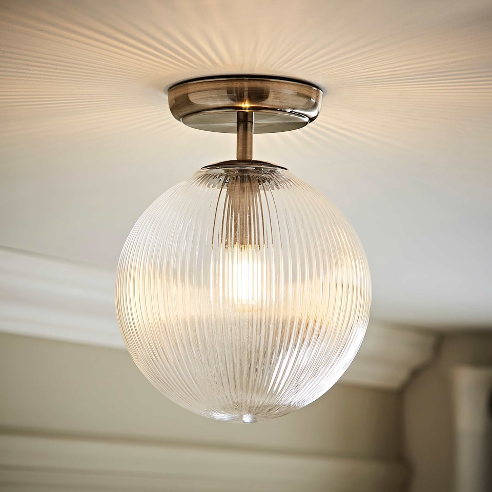 image 1 of ValueLights Kempton Brushed Chrome Ceiling Light Ribbed Globe Shade | Chrome