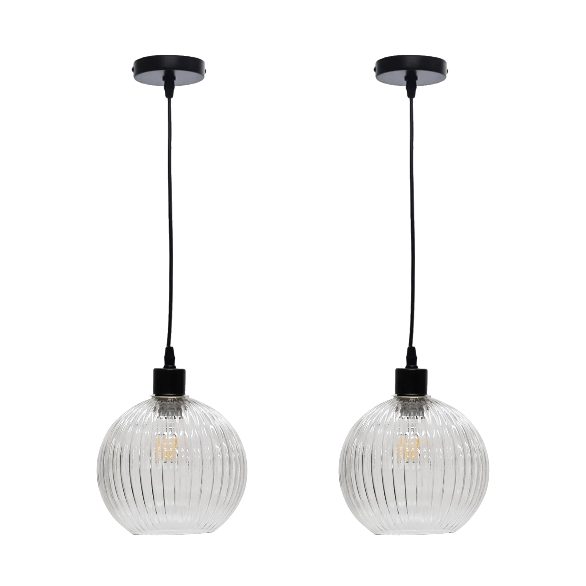 Set of 2 Betchley - Clear Ribbed Glass Globe with Black Pendants Clear Clear ribbed glass with matt black detail Small 2
