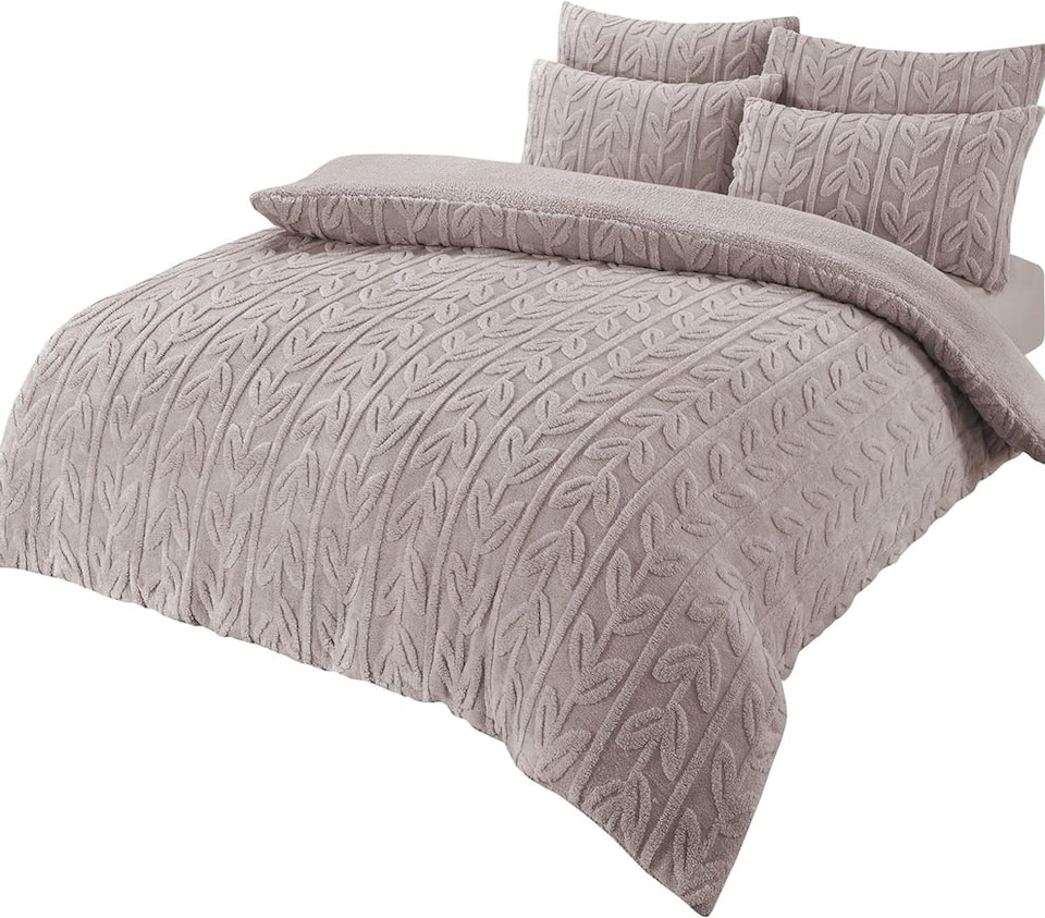 Leaf Printed Teddy Duvet Set in Natural - Double | Multi | Double