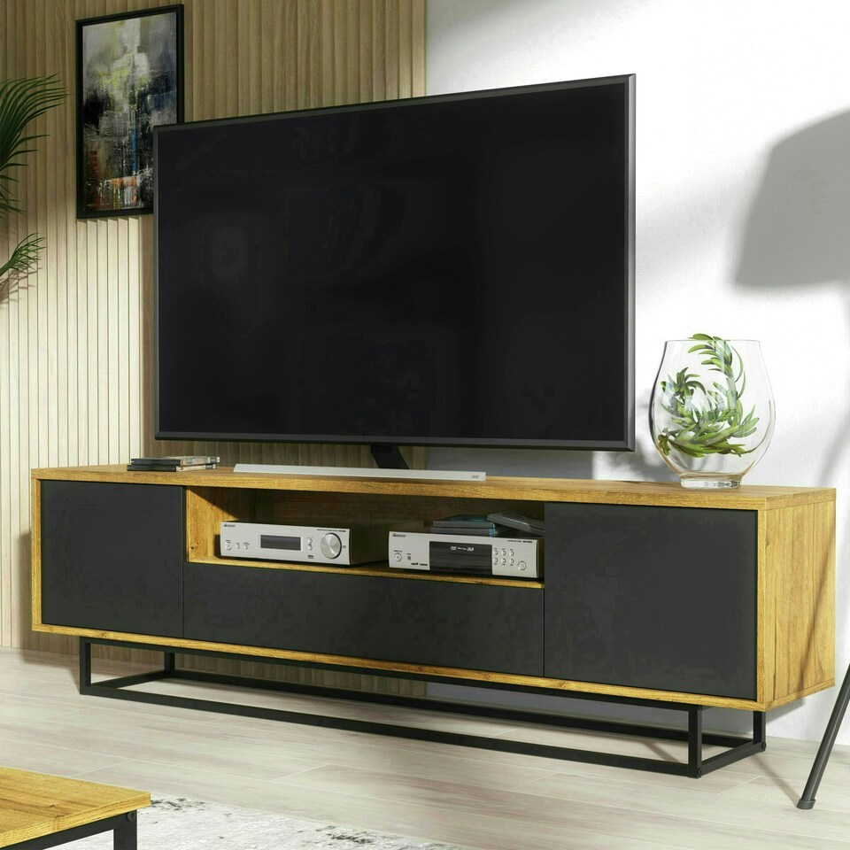 image 1 of TV Unit 200cm Oak Body with Black Doors and Drawer on Metal Base | Multi | Oak | One Size | 1