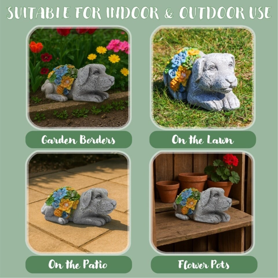 image 1 of Solar Dog & Cat Statue Set (Dog: 10x14x20cm, Cat: 11.5x22x15cm) – Garden Ornaments with Succulents & LED Lights
