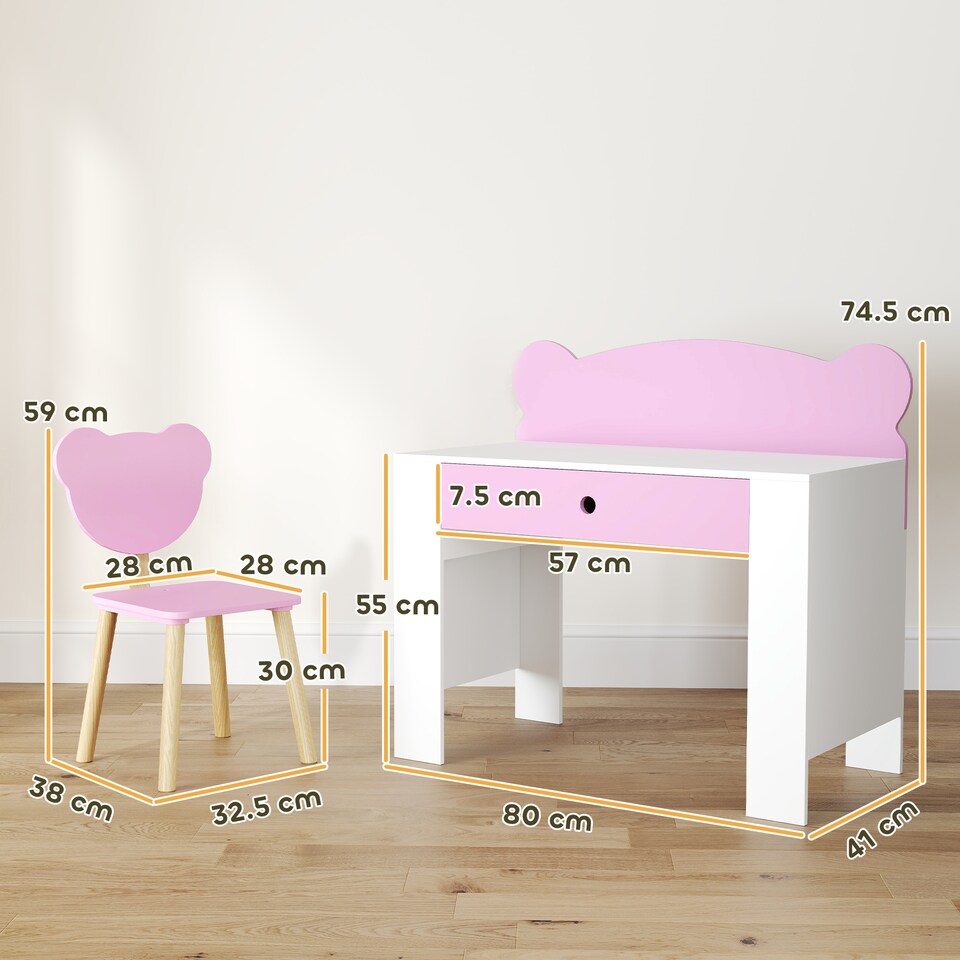 image 1 of AIYAPLAY Kids Desk and Chair Set, Children Writing Table with Drawer, Pink | Pink | Pink and white | Desk: 80W x 41D x 74.5H cm, Chair: 32.5W x 38D x 59H cm
