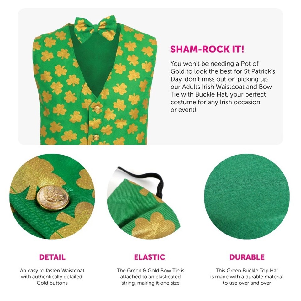 image 1 of Irish Waistcoat and Bow Tie & Irish Buckle Hat Green | XL