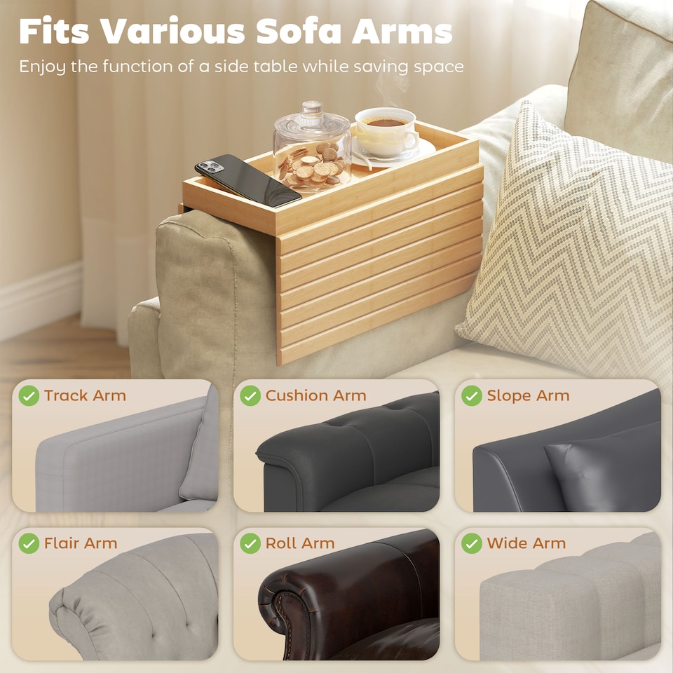 image 1 of HOMCOM Bamboo Sofa Arm Tray, Foldable Anti-Slip Armrest Tray for Drinks
