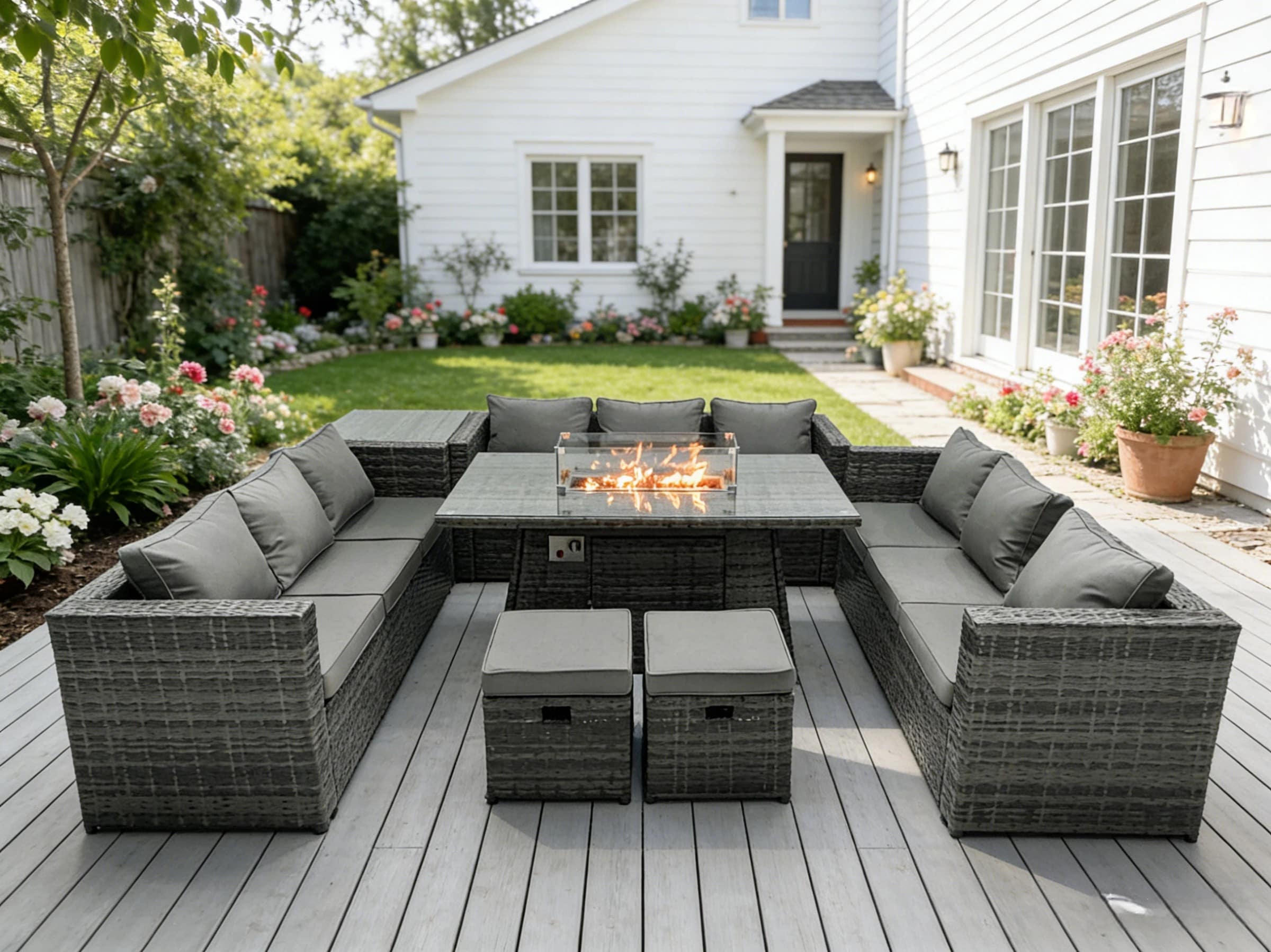 Fimous Outdoor Rattan Garden Furniture Gas Fire Pit Dining Table Gas Heater Sets Side Table Small Footstools Dark Mixed Grey 11 Seater