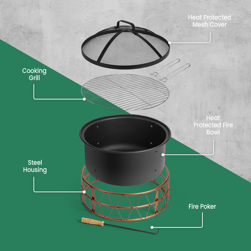 image 1 of VonHaus Fire Pit with Copper Rim and BBQ Cooking Grill