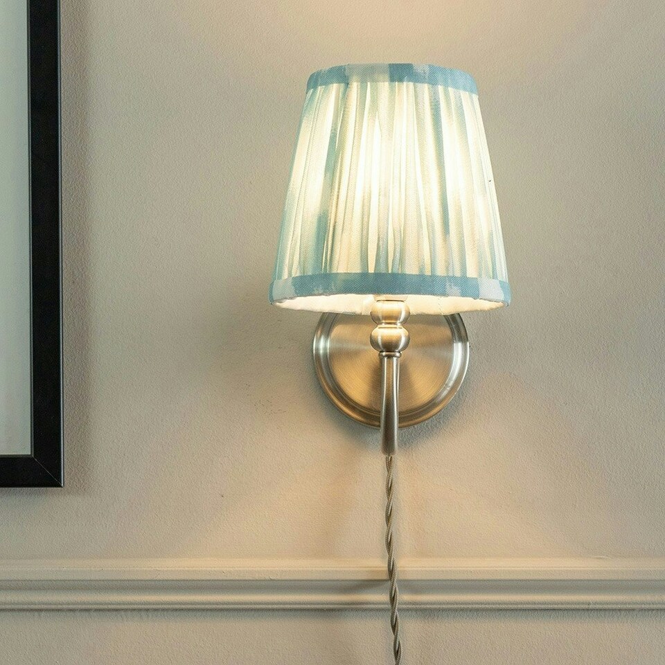 image 1 of ValueLights Neely Plug in Brushed Chrome Wall Light with Blue Pleated Shade