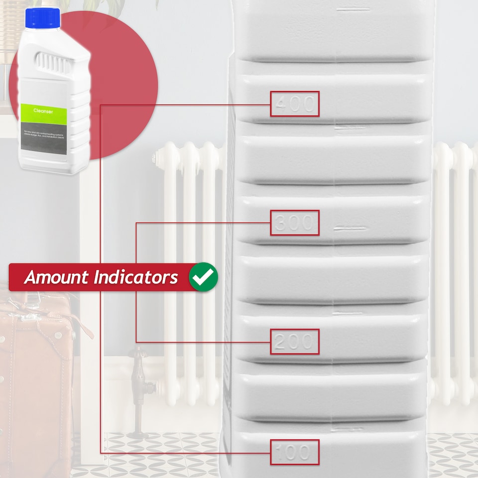 image 1 of SPARES2GO Central Heating Cleanser Concentrate Liquid (500ml Bottle) + Radiator Dosing Funnel Tool + Draining Tub