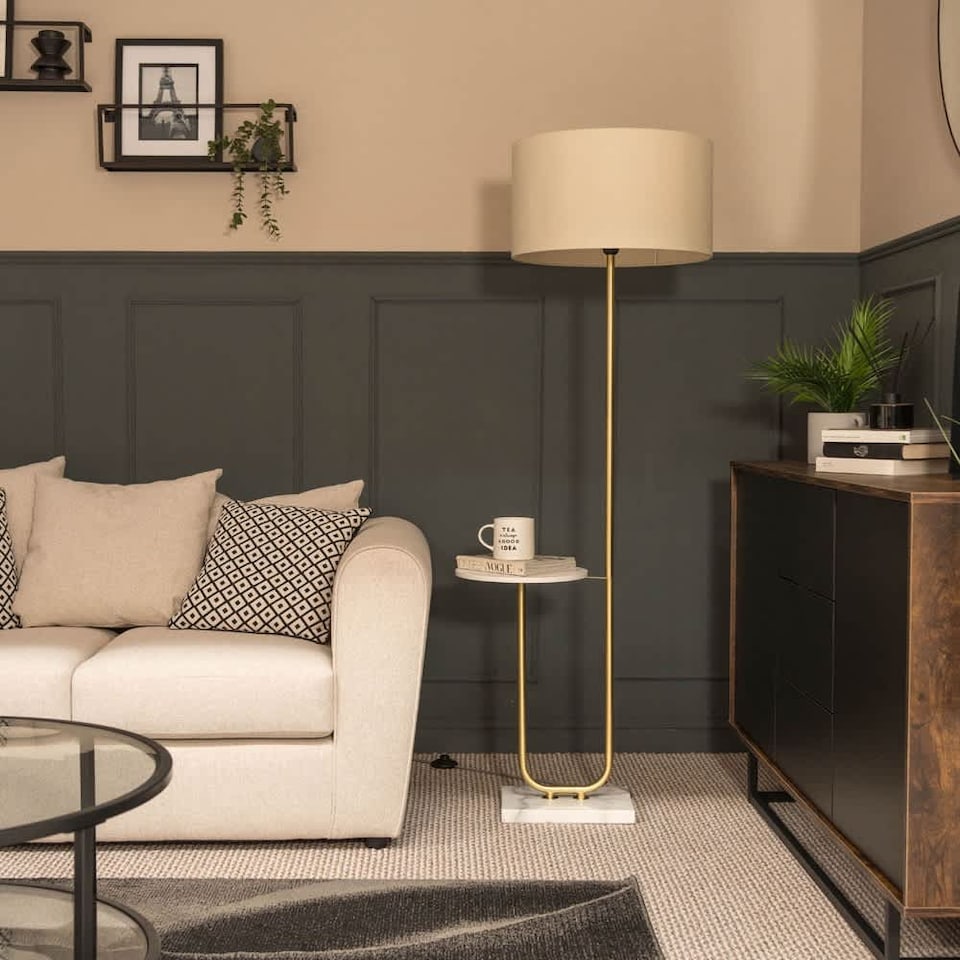 image 1 of ValueLights Tavel Brushed Gold Metal Floor Lamp with Table | Gold