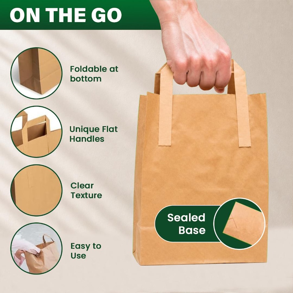 image 1 of ECONX Small Brown Kraft Paper Bags With Handles 250pcs Biodegradable SOS Takeaway Party Carrier Bags