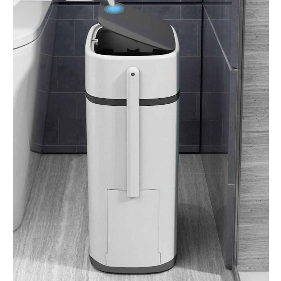 image 1 of Living and Home Slim Plastic Rubbish Bin with Built-in Toilet Brush White
