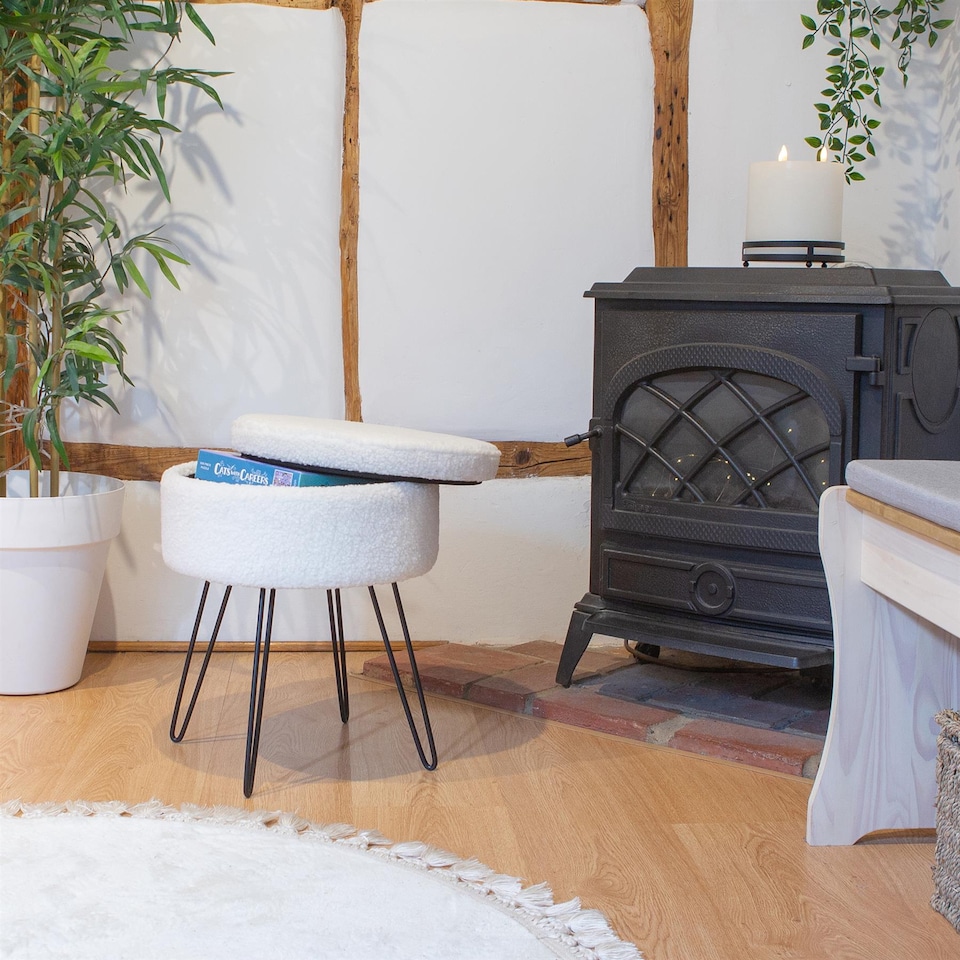 image 1 of Harbour Housewares Round Boucle Storage Footstool - H46 x D37cm - Cream/Black | Cream | Cream/Black