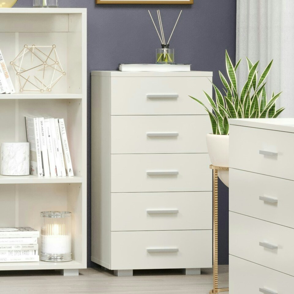 image 1 of Lido, 5 Narrow Chest Of Drawers White