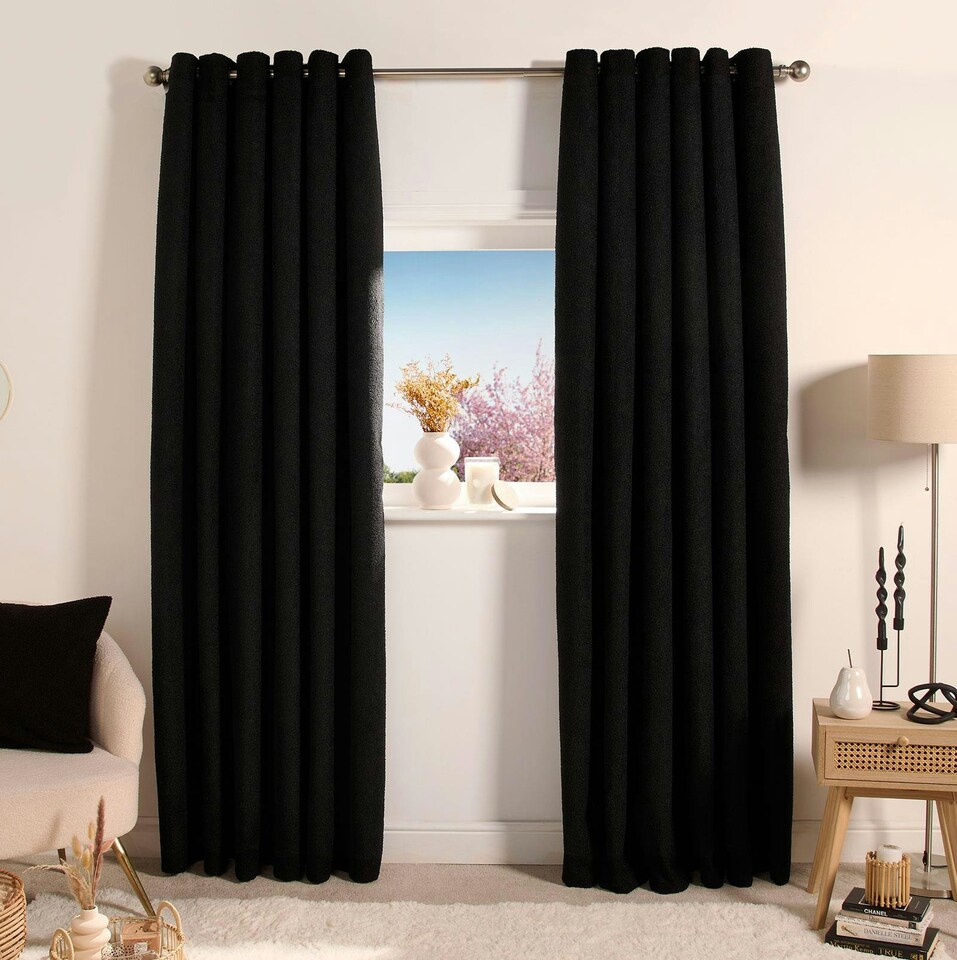 image 1 of OHS Boucle Textured Blackout Eyelet Curtains, 66x90" - Black