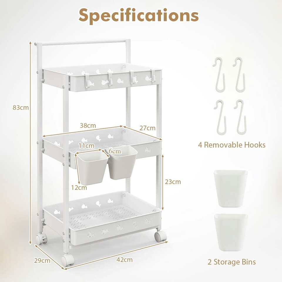 image 1 of COSTWAY 3-Tier Rolling Storage Cart Utility Cart