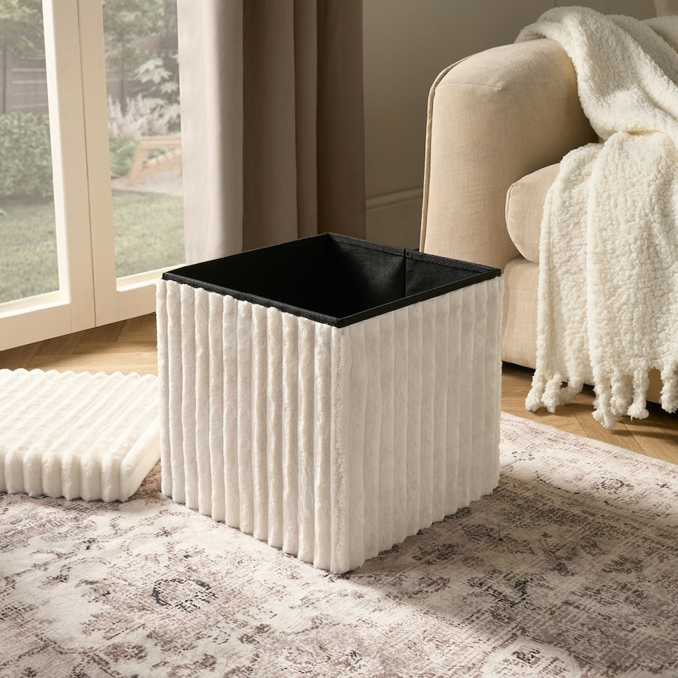 image 1 of OHS Soft Fleece Ribbed Foldable Cube Footstool Seat Storage Organiser Ottoman Cream