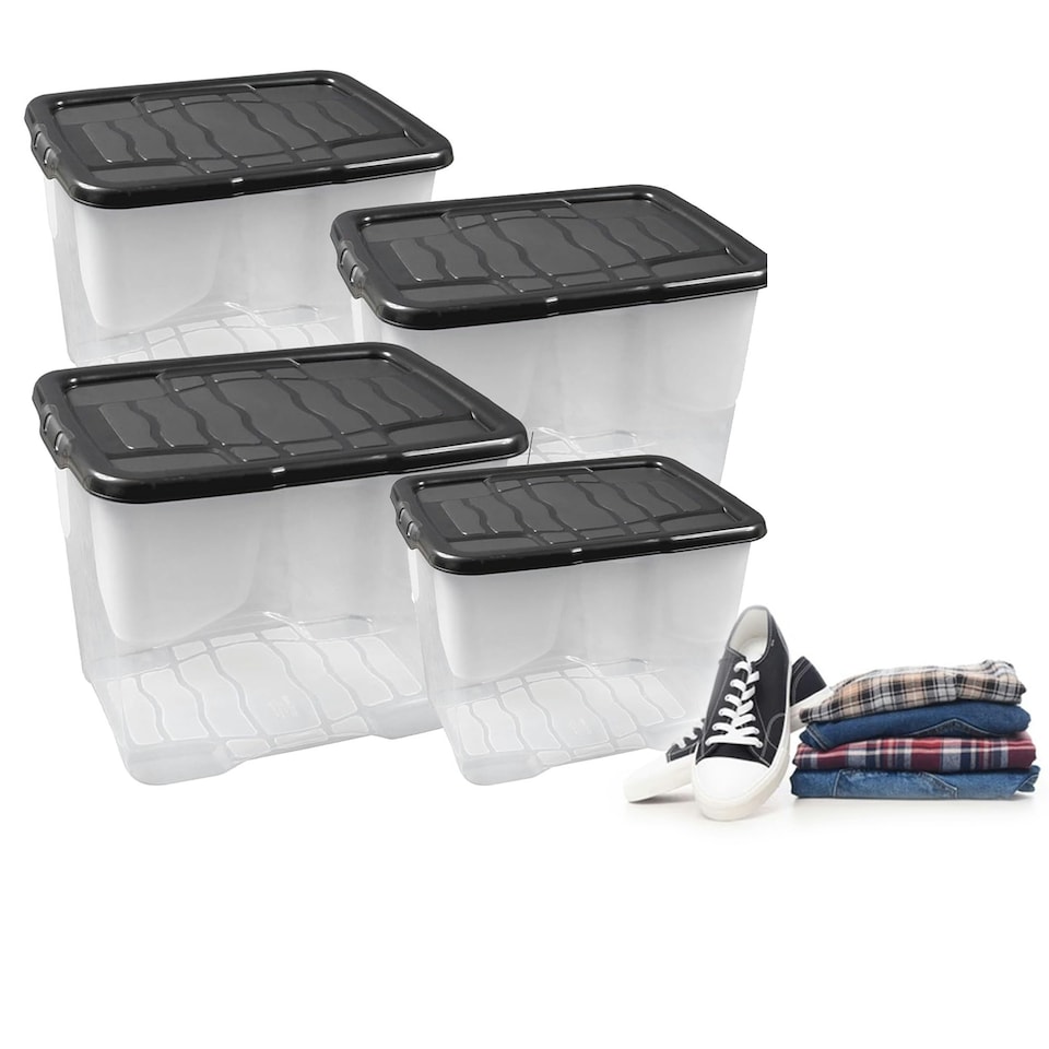 image 1 of Pack Of 5 Strong 24 Litre Clear Transparent Base Stackable Curve Underbed Plastic Storage Boxes With Black Lids Clear