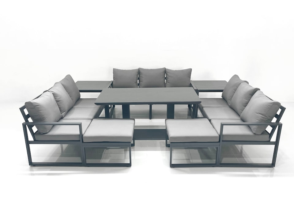image 1 of Fimous 11 Seater Garden Sofa Set Aluminium Furniture Rising Dining Tabe Set with 2 Side Tables 2 Big Footstools Dark Grey