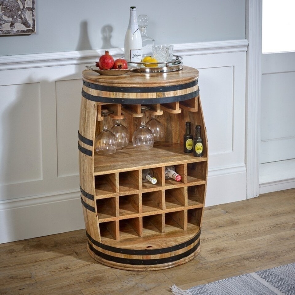 image 1 of Surrey Solid Dark Barrel Wine Sideboard - Solid Mango Wood - L58 x W58 x H90 cm | Brown