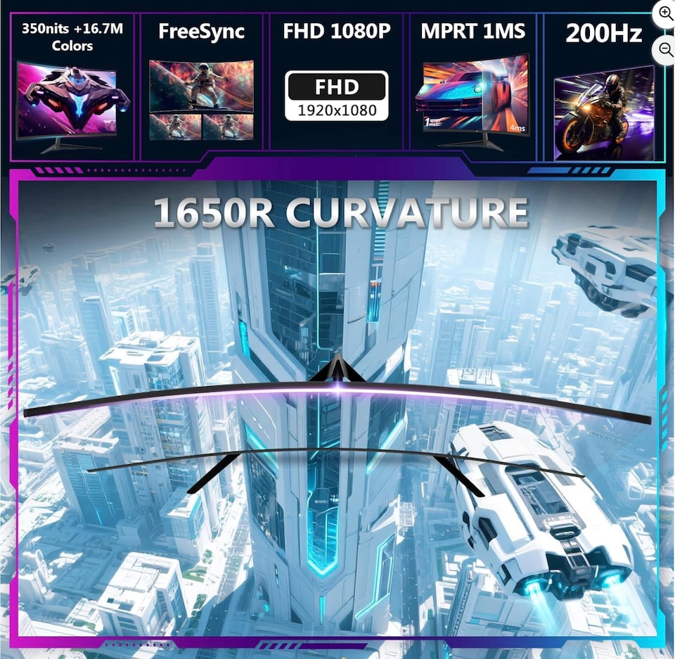 image 1 of Z-Edge 24 Inch Curved Gaming Monitor 200Hz 1ms MPRT, 16:9 Full HD 1080P LED Monitor, VA Panel,  FreeSync, HDMI & DisplayPort - Black | Black | 1