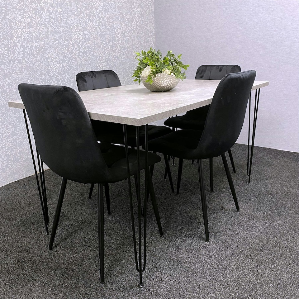 image 1 of Grey Dining Table with Hairpin Legs & 4 Black Velvet Chairs Set for Kitchen & Dining Room Grey